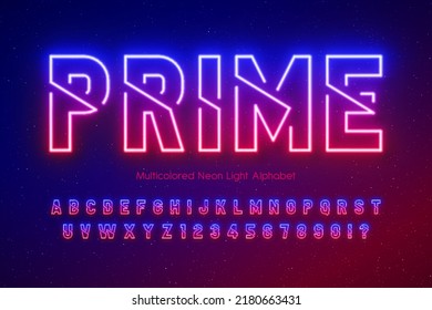 Neon light 3d alphabet, retro-futuristic origainal type. Swatch color control.