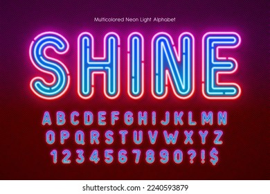 Neon light 3d alphabet, retro-futuristic origainal type. Swatch color control.