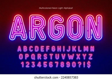 Neon light 3d alphabet, retro-futuristic origainal type. Swatch color control.