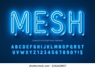 Neon light 3d alphabet, retro-futuristic original type. Swatch color control.