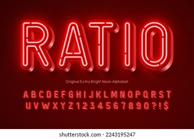 Neon light 3d alphabet, retro-futuristic original type. Swatch color control.