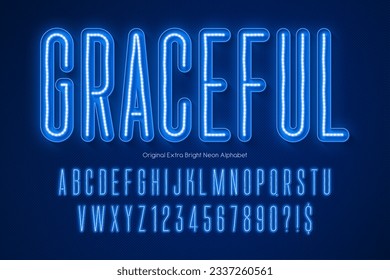 Neon light 3d alphabet, retro-futuristic original type. Swatch color control.