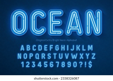 Neon light 3d alphabet, retro-futuristic original type. Swatch color control.