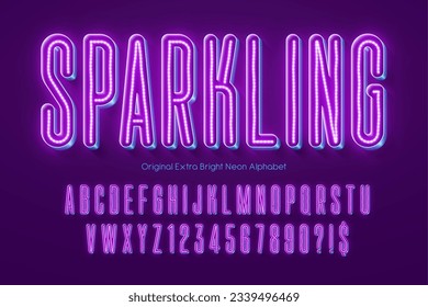 Neon light 3d alphabet, retro-futuristic original type. Swatch color control.
