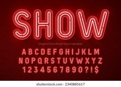 Neon light 3d alphabet, retro-futuristic original type. Swatch color control. svg
