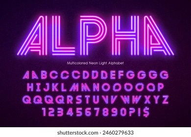 Neon light 3d alphabet, retro-futuristic original type. Swatch color control.