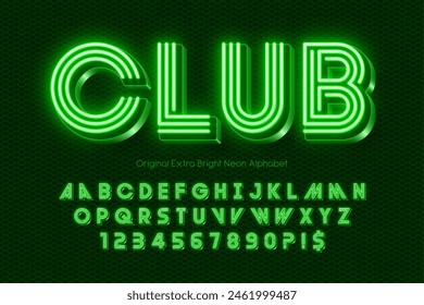 Neon light 3d alphabet, retro-futuristic original type. Swatch color control.