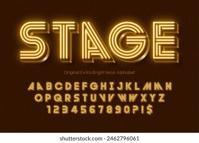 Neon light 3d alphabet, retro-futuristic original type. Swatch color control.