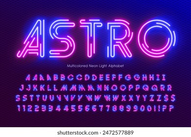 Neon light 3d alphabet, retro-futuristic original type. Swatch color control.