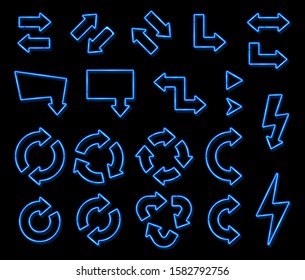 Neon light 3d arrow vector set on black background. Blue glowing pointer circle direction symbol. Night electric shining sign with reflection. Bright design elements. Illuminated retro illustration.