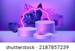 Neon light 3d background product display podium scene with tropic leaves geometric platform. Stand to show cosmetic product. Realistic stage showcase on pedestal display holographic purple backdrop