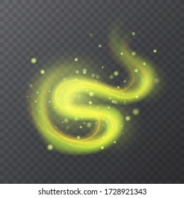 Neon light, abstract element with sparkling particles, decorate your project, bright yellow light, Vector glitter light fire flare trace. Magic sparkle swirl trail effect on transparent background