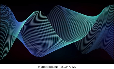 Neon light ai wavy line blue background. Digital vector data stream or network connect effect. Abstract blend gradient for neural tech web. Aurora spectrum night mesh flow