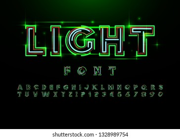 Neon light alphabet, bright letters and numbers.Lighting effects, vector illustration.