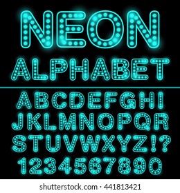Neon light alphabet in cyan color. Glowing font for design. Neon sign. Vector.