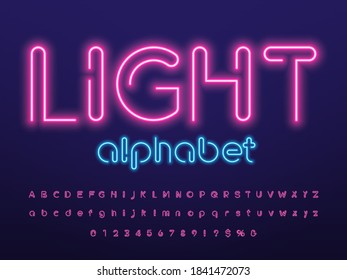 Neon light alphabet design with uppercase, lowercase, numbers and symbols