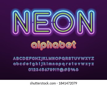 Neon light alphabet design with uppercase, lowercase, numbers and symbols