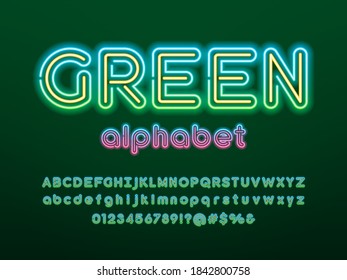 Neon light alphabet design with uppercase, lowercase, numbers and symbols