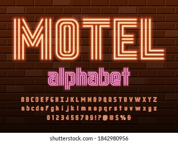 Neon light alphabet design with uppercase, lowercase, numbers and symbols