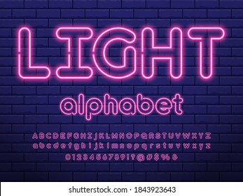 Neon light alphabet design with uppercase, lowercase, numbers and symbols