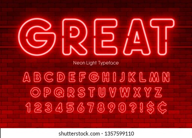 Neon light alphabet, extra glowing font. Exclusive swatch color control.