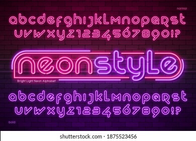 Neon light alphabet, extra glowing modern type. Swatch color control.