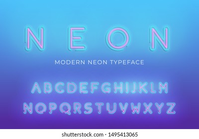 Neon light alphabet font. Glowing neon colored 3d modern alphabet typeface