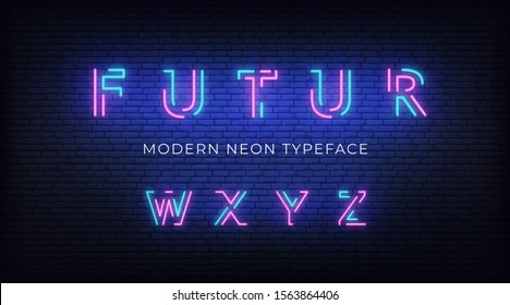 Neon light alphabet font. Glowing neon illuminated 3d modern typeface. Letters w, x, y, z