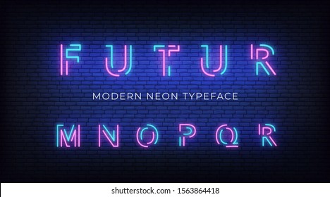 Neon light alphabet font. Glowing neon illuminated 3d modern typeface. Letters m, n, o, p, q, r