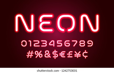 Neon light alphabet font numbers and special symbols with led hashtag. Vector red neon glow font alphabet with pink ultraviolet led light