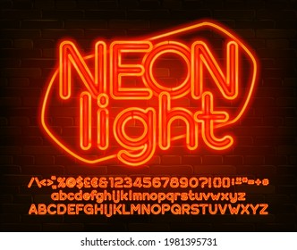 Neon light alphabet font. Orange neon letters, numbers and punctuation. Uppercase and lowercase. Stock vector typescript for your design.