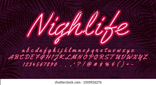 Neon Light Alphabet Font, Red Glowing Hand Drawn Uppercase And Lowercase Letters, Vector Typeface Typography Design, Brick Wall Background With Tropical Leaves