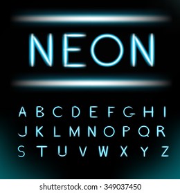 Neon light alphabet font. Neon type tube letters on dark background with glowing glittering glare. Blue white glow realistic neon alphabet font. Vector illustration for your design and business.