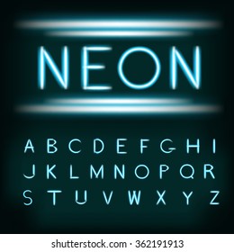 Neon Light Alphabet Font. Neon Type Tube Letters On Dark Background With Glowing Glittering Glare. Blue White Glow Realistic Neon Alphabet Font. Vector Illustration For Your Design And Business.