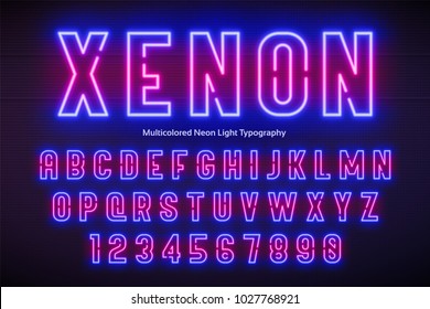 Neon light alphabet, multicolored extra glowing font. Exclusive swatch color control.