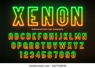 Neon light alphabet, multicolored extra glowing font. Exclusive swatch color control.