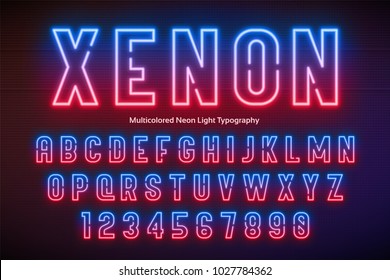 Neon light alphabet, multicolored extra glowing font. Exclusive swatch color control.