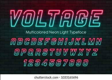 Neon light alphabet, multicolored extra glowing font. Exclusive swatch color control.