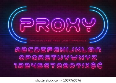 Neon light alphabet, multicolored extra glowing font. Exclusive swatch color control.