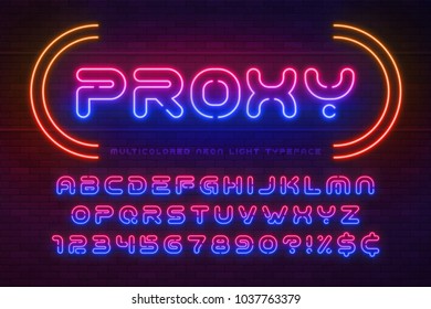 Neon light alphabet, multicolored extra glowing font. Exclusive swatch color control.