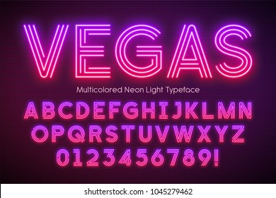 Neon light alphabet, multicolored extra glowing font. Exclusive swatch color control.