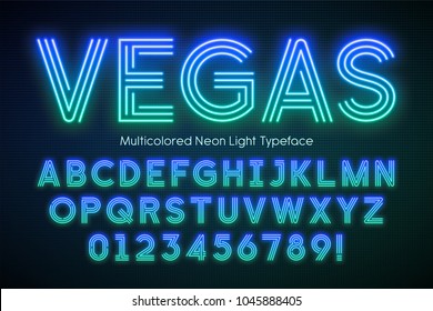 Neon light alphabet, multicolored extra glowing font. Exclusive swatch color control.