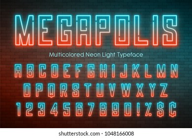 Neon light alphabet, multicolored extra glowing font. Exclusive swatch color control brightness and colors
