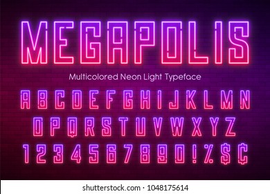 Neon light alphabet, multicolored extra glowing font. Exclusive swatch color control brightness and colors