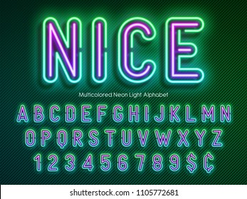 Neon light alphabet, multicolored extra glowing font. Exclusive swatch color control.