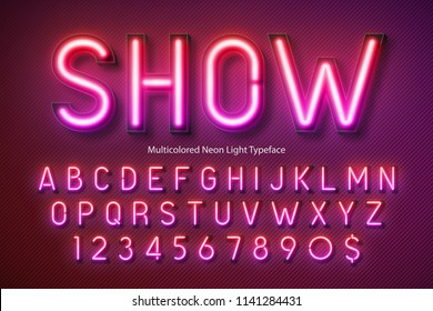 Neon light alphabet, multicolored extra glowing font. Exclusive swatch color control.