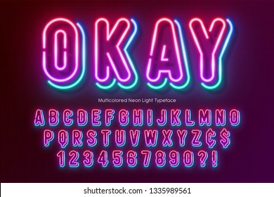 Neon light alphabet, multicolored extra glowing font. Exclusive swatch color control.