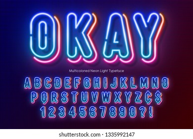 Neon light alphabet, multicolored extra glowing font. Exclusive swatch color control.