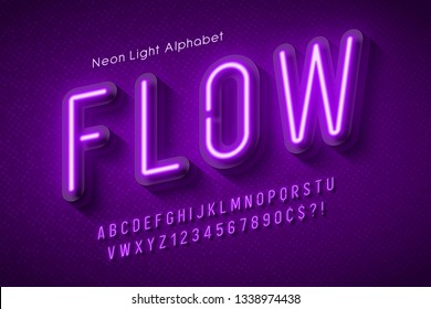 Neon light alphabet, multicolored extra glowing font. Exclusive swatch color control.