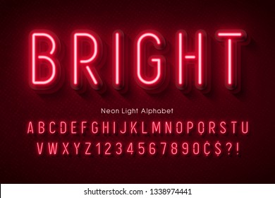 Neon light alphabet, multicolored extra glowing font. Exclusive swatch color control.